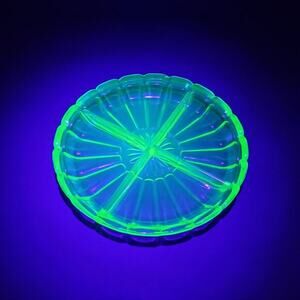 Uranium Glass Divided Condiments Nut Candy Dish 7.25" Green Depression Glass
